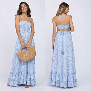 NEW! Sweet Lovely by Jen Backless Floral Halter Sundress Maxi Blue White S